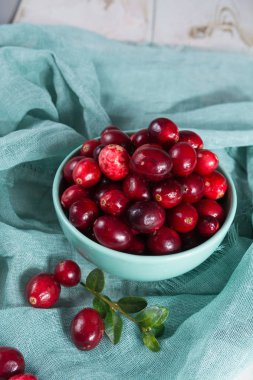 Mavi bir kase taze kızılcık. Vaccinium olgun meyveler