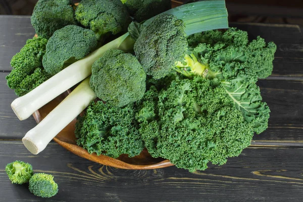 Grüner Winter Frisches Bio Superfood Grünkohl Brokkoli Und Lauch Prei — Stockfoto