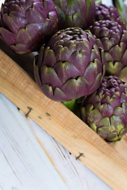 Taze büyük Romanesco enginar yeşil-mor çiçek başları hazır t