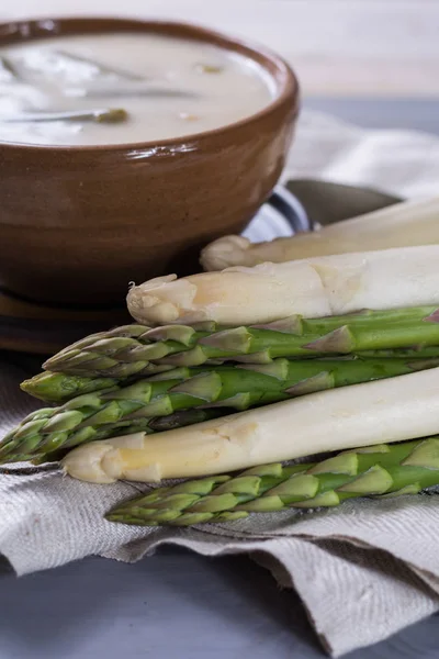 Spring Season White Green Asparagus Cream Soup Ready Eat — Stock Photo, Image