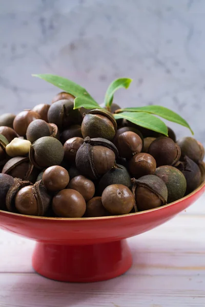 Cosecha Nueces Macadamia Cerca Con Hojas — Foto de Stock