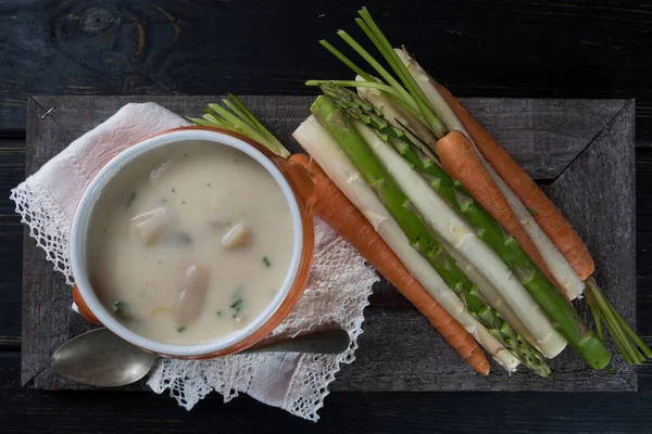 Wiosna Sezon Biały Zielony Świeży Szparagi Krem Zupa Gotowy Jedzenia — Zdjęcie stockowe