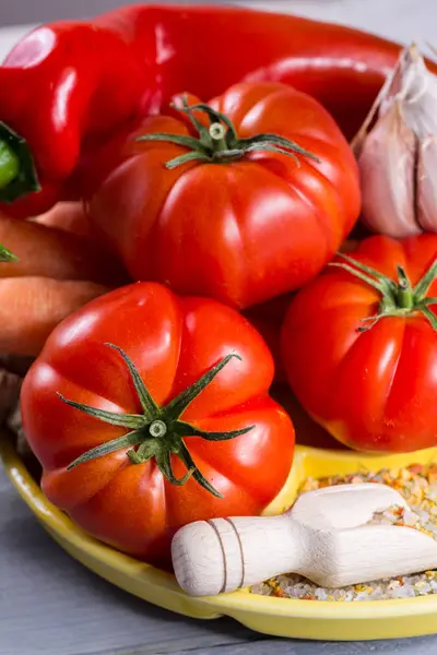 Ingrediens Many Different Sauces Fresh Ripe Red Tomatoes Paprika Carrots — Stock Photo, Image