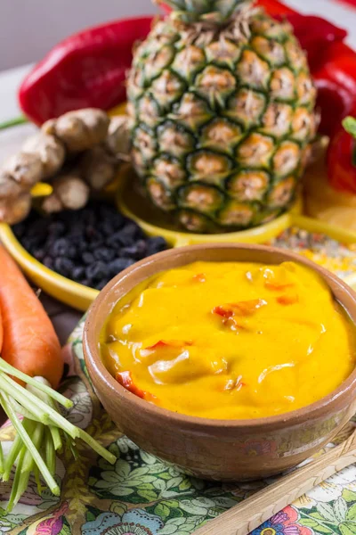 Bowl Vegetable Curry Sauce Ingredients Making Paprika Chili Pepper Carrot — Stock Photo, Image