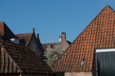 Küçük köyde geleneksel Hollandalı eski çatılar