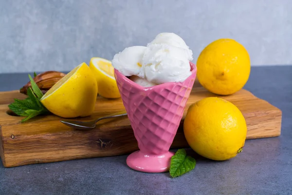 Lemon ice cream sorbet served for dessert — Stock Photo, Image