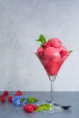 Ahududu dondurma sorbe cam ahududu, nane yaprakları ile 