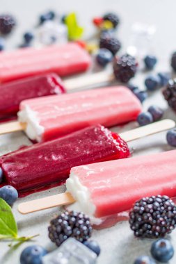 Taze yaz yaban yaban mersini, brambleberry, çilek ve hom