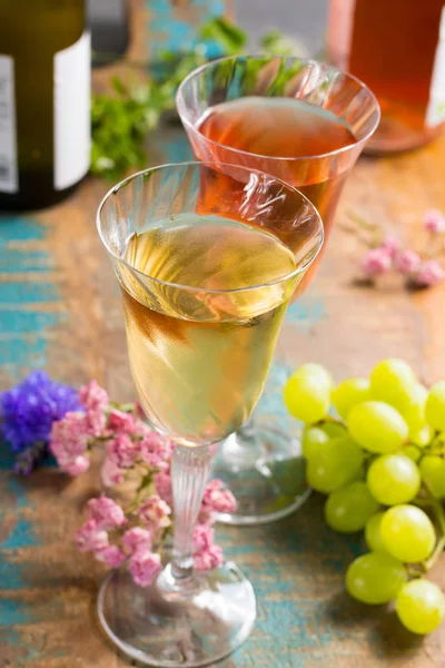 Cold summer wines, white and rose, served in beautiful glasses o