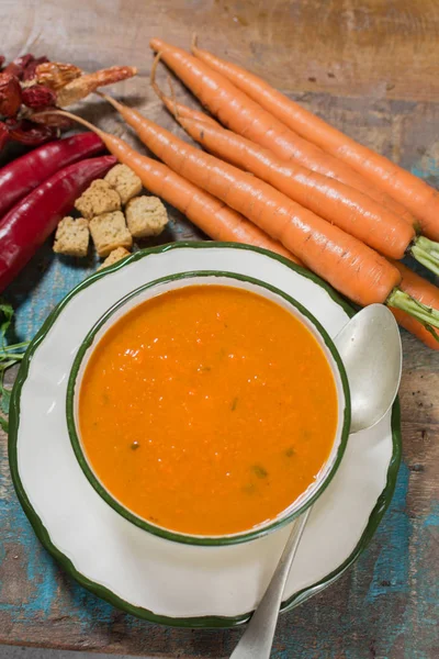 Spicy Carrot Soup Harissa Made Hot Chili Pepper Lemon Garlic — Stock Photo, Image