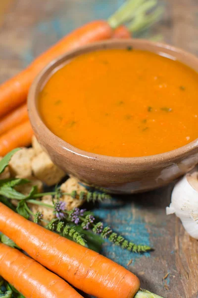 Spicy Carrot Soup Harissa Made Hot Chili Pepper Lemon Garlic — Stock Photo, Image