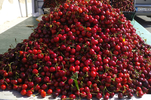 New harvest of fresh ripe red sweet cherry, street market in Italy