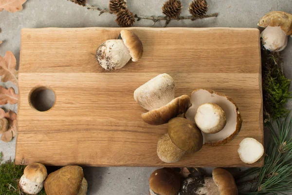 Sonbahar akşam yemeği kavramı - taze porcini çörek ile tahta kesme