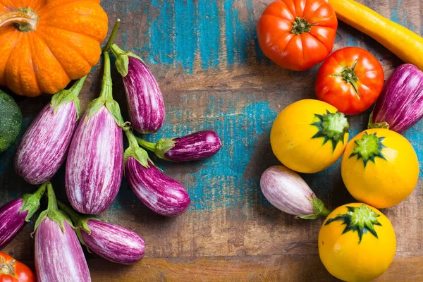 Fresh organic vegetables - round courgette, small eggplants, tomatoes, top view copy space — Stock Photo, Image