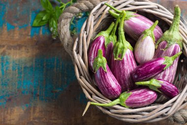 Vejetaryen Menü şablonu - ahşap masa üzerinde küçük taze patlıcan alanı, sağlıklı gıda kopyalayın.