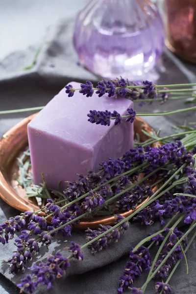 Lavender soap and perfume oil, made from fresh lavender flowers, Stock Photo