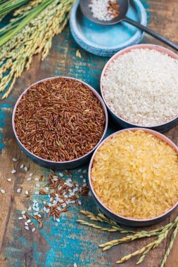 Yeşil pirinç kulaklarından Camargue Provence, Fransa pirinç tarlaları ve valiety ahşap masa üzerinde kuru pirinç
