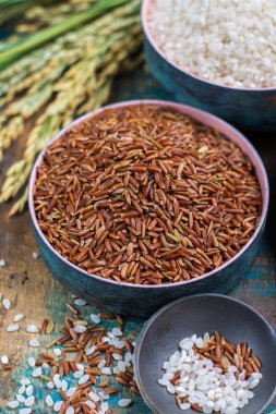 Yeşil pirinç kulaklarından Camargue Provence, Fransa pirinç tarlaları ve valiety ahşap masa üzerinde kuru pirinç