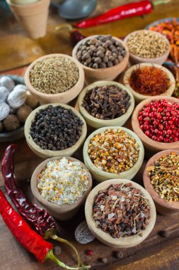 Çeşitli farklı Asya ve Orta Doğu baharatlar, renkli assortiment