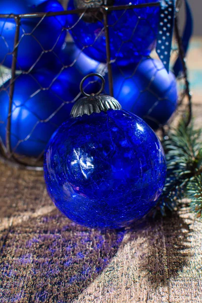 Old vintage cobalt blue Christmas tree balls from glass — Stock Photo, Image