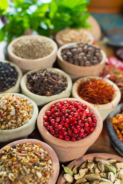 Variety Different Asian Middle East Spices Colorful Assortment Old Wooden — Stock Photo, Image