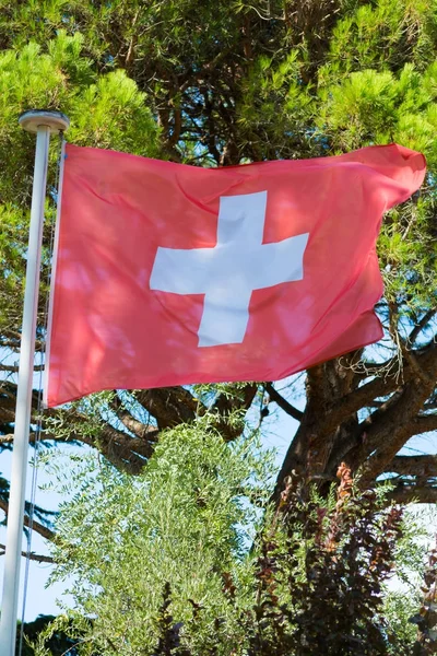 Bandeira Suíça Consiste Uma Bandeira Vermelha Com Uma Cruz Branca — Fotografia de Stock