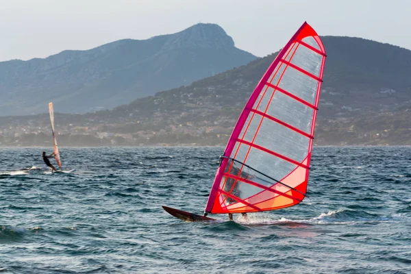 Pôr Sol Sobre Mar Oceano Extrema Estilo Livre Windsurf Esporte — Fotografia de Stock
