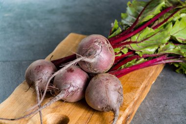 Yapraklı taze kırmızı pancar kökleri, yeni hasat