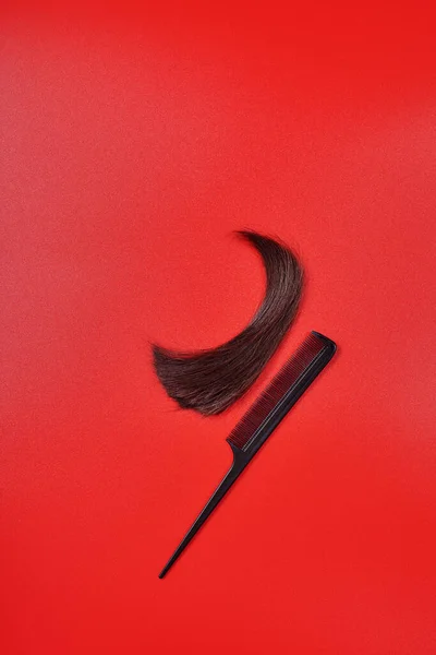 a tuft of hair with a comb comb is lying on a red background. A lock of brown hair, a brunette with a curving tip next to a comb. Hair tail cut off