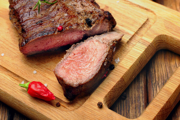 Closeup of slices of rare tenderloin steak.Selective focus