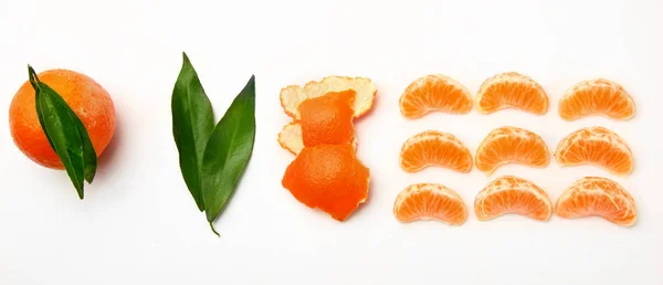 Gradual peeling of tangerine on white background. — Stock Photo, Image