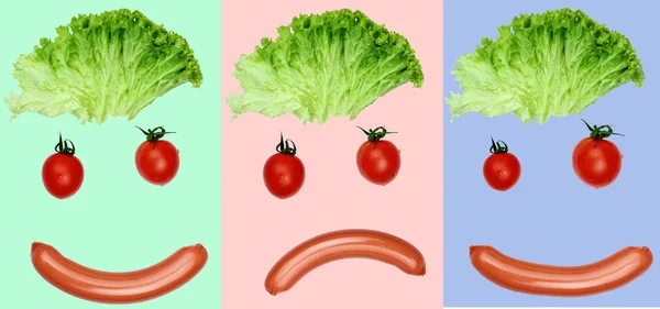 Blij, boos en verbaasd gezicht uit voedsel-worst mond, hair - salade, ogen tomaten. Concept grappige voedsel. Voedsel-art. Voedsel emotion.colour achtergrond — Stockfoto