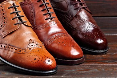 Moda klasik erkek tonları kahverengi oxford brogues cilalı. Seçici odak