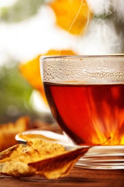 Ahşap pencere pervazına sarı atumn ile çay fincan closeup bırakır. Ufuk yağmurlu pencere ve srcond planı üzerinde sonbahar ağaçlar. Tea.Selective odak. Sonbahar kavramı. Sıcak içecekler