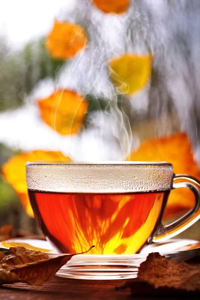 Ahşap pencere pervazına sarı atumn ile üzerinde çay yaprakları. Ufuk yağmurlu pencere ve srcond planı üzerinde sonbahar ağaçlar. Tea.Selective odak. Sonbahar kavramı. Sıcak içecekler