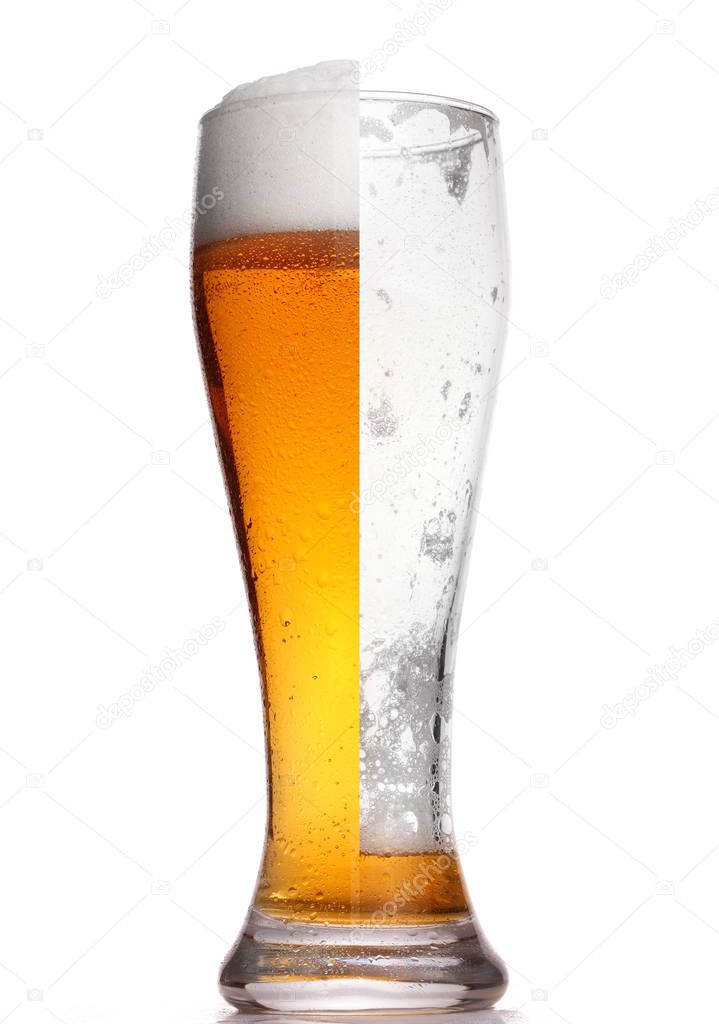 Glass of beer half full half empty, isolated on white.Concept half full,half empty