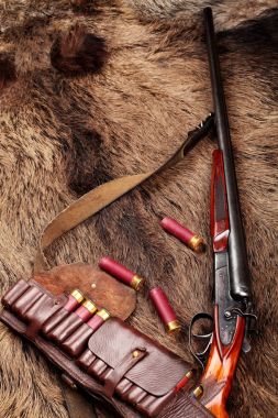 Çift namlu vintage av tüfeği ve deri palaska mühimmat, yaban domuzu kürk üzerinde avcılık yakın çekim. Uzay kopyalayın. Kavram avcılık