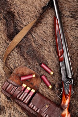 Çift namlu vintage av tüfeği ve deri palaska mühimmat, yaban domuzu kürk üzerinde avcılık yakın çekim. Uzay kopyalayın. Kavram avcılık