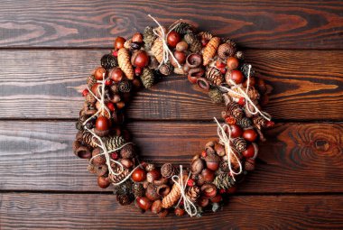 Noel çelenk çelenk meşe palamutları ve koniler ve köpek ahşap arka plan üzerinde yükseldi. Uzay kopyalayın. Noel arka plan