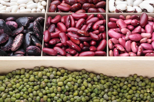 Different types of legumes. In wooden box.Varieties of beans.Small red bean,Scarlett runner bean Phaseolus coccineus ,butter bean,kidney bean, mung beans.Top view.Selective focus