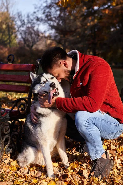Hipster stylish guy hug his husky dog in autumn forest.Pedigree dog concept. Best friends. Unconditional love. Guy enjoy walk with husky dog. Siberian husky cool pet. Animal husbandry.