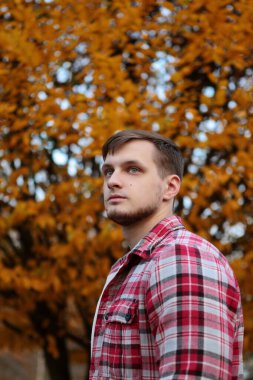 Portre. Yakından kırmızı gömlekli adam. Sarı sonbahar ağacına yaslan.
