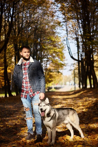 Hipster stylish guy with his husky dog in autumn forest.Pedigree