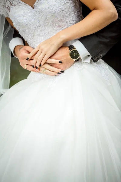 Lo sposo abbraccia la sposa da dietro. Una bella manicure della sposa e orologi costosi dello sposo. Vestiti nel cuore. Stile classico costoso . Foto Stock