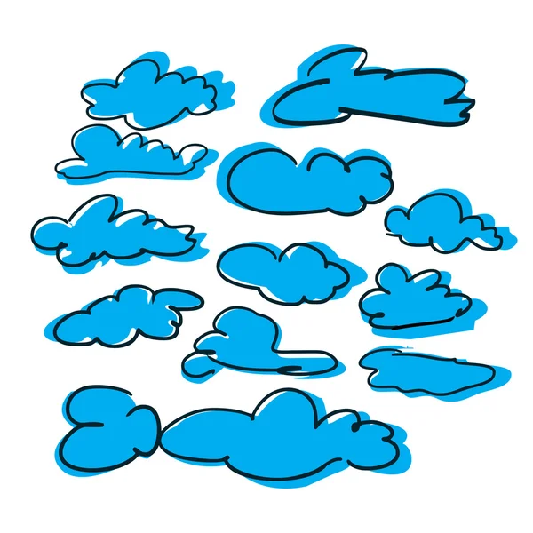 Conjunto de bocetos azules de nubes dibujadas a mano. Conjunto de nubes vectoriales — Vector de stock