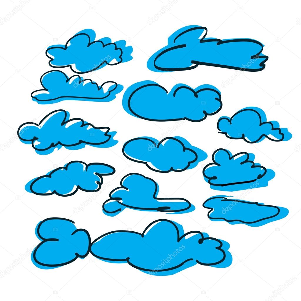 Set of blue sketches of clouds hand-drawn. Set of vector clouds