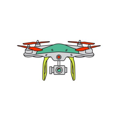 Quadcopter vector. Remote drone with a camera taking photography or video recording. Vector illustration quadcopter. Flat design style drone clipart