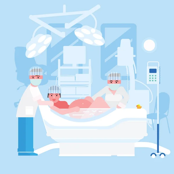 Childbirth in water vector illustration. Childbirth at the clinic — Stock Vector