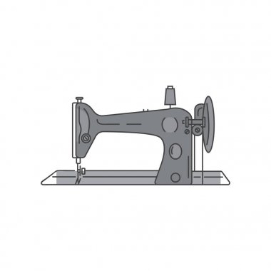 Retro dikiş ayak makine vektör. Metal dikiş makinesi doğrusal illüstrasyon