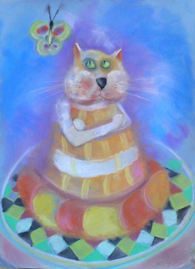 Kedi pastel çiziyor. Komik kedi kelebek pastel çizimini izliyor. Dekorasyon için evcil kedi resmi